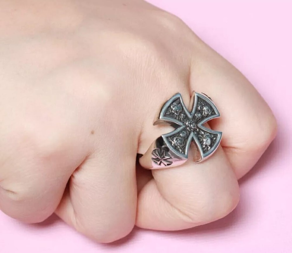 Solid 925 Sterling Silver Maltese Cross Rose Ring Men’s Gothic Biker Statement J