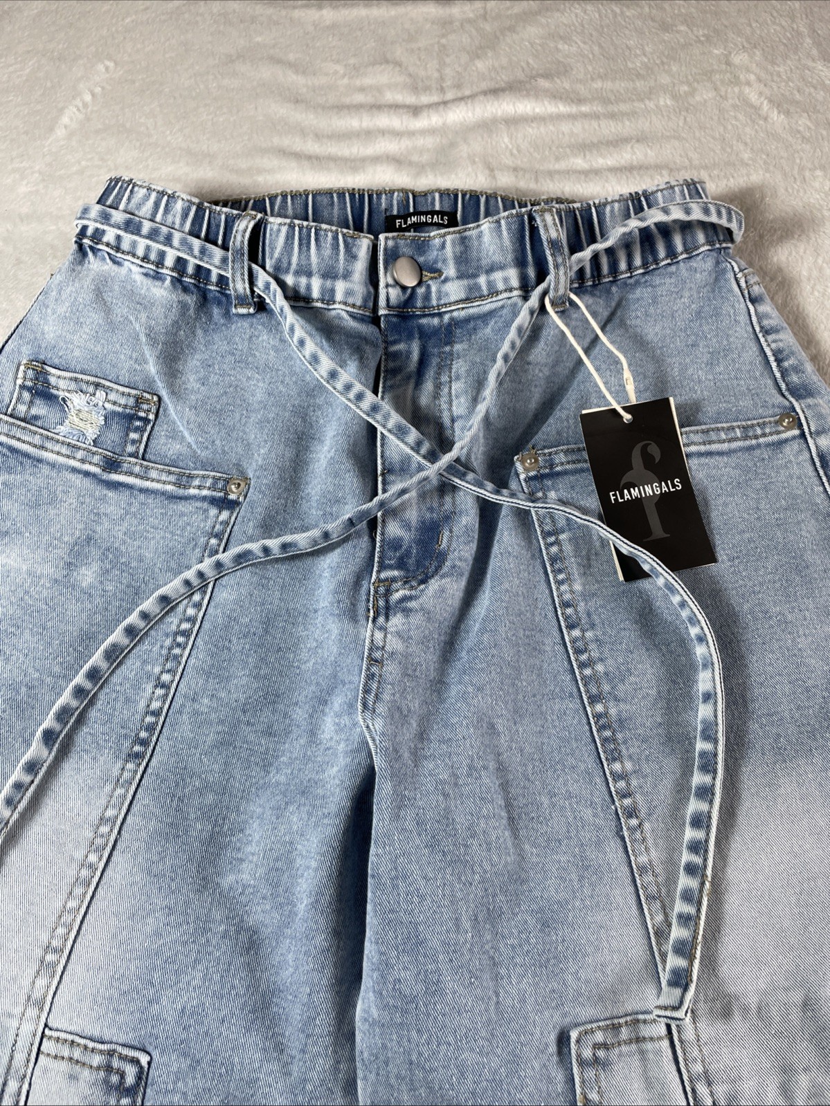 -NWT-Flamingals Wide Leg Jeans Drawstring Mid Waist Baggy Belted Size Large