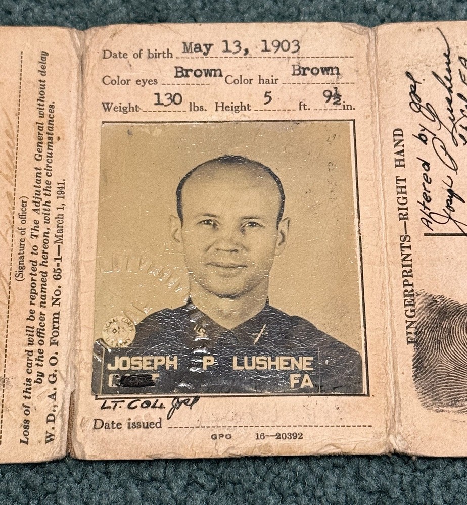 Original WWII US Army 16th Field Artillery Observation Bn Officers ID Card