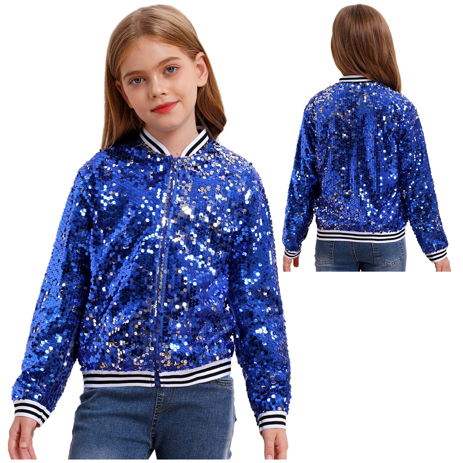 US Kid Girls Baseball Jackets Stylish Coat Street Dancing Outerwear Sequin Shiny