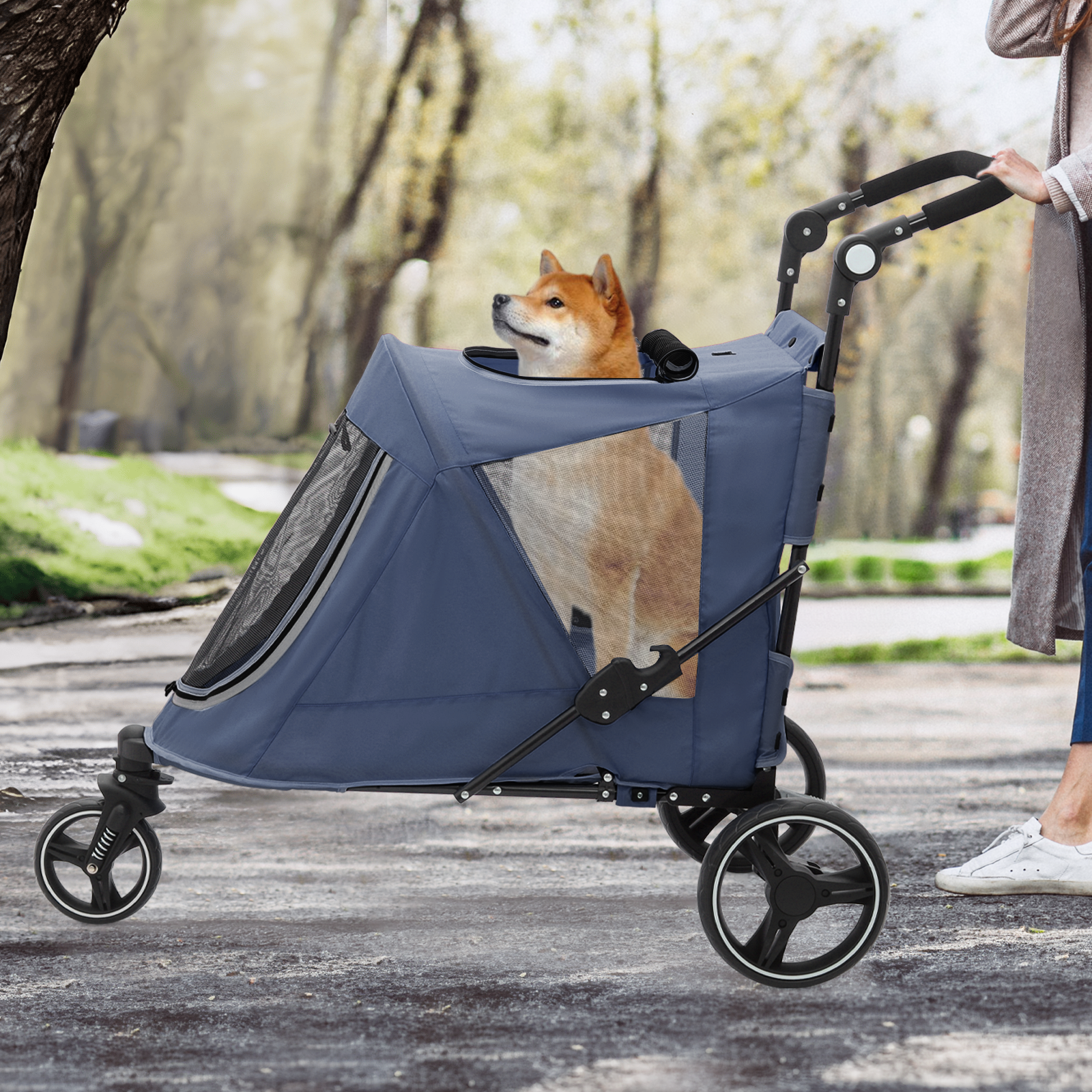 Foldable Dog Stroller Breathable Pet Travel Carrier Cart w/Foot Activated Lock