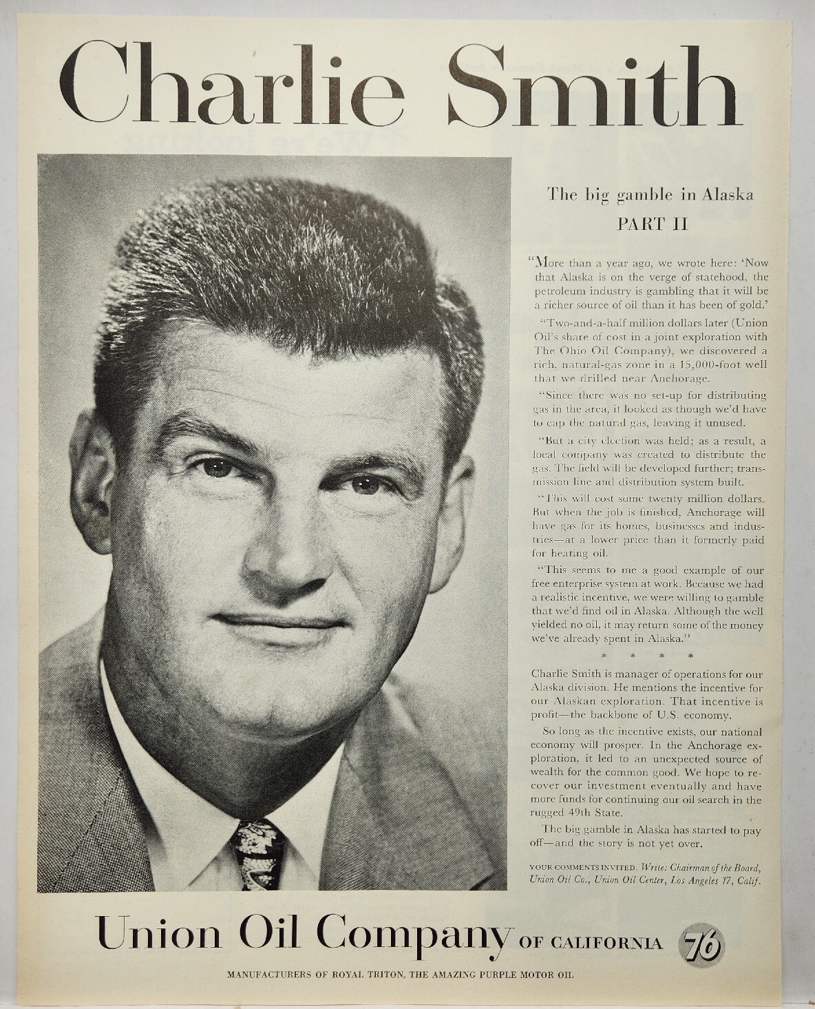 1959 Union 76 Oil Company California Charlie Smith MCM Original Print Ad Life