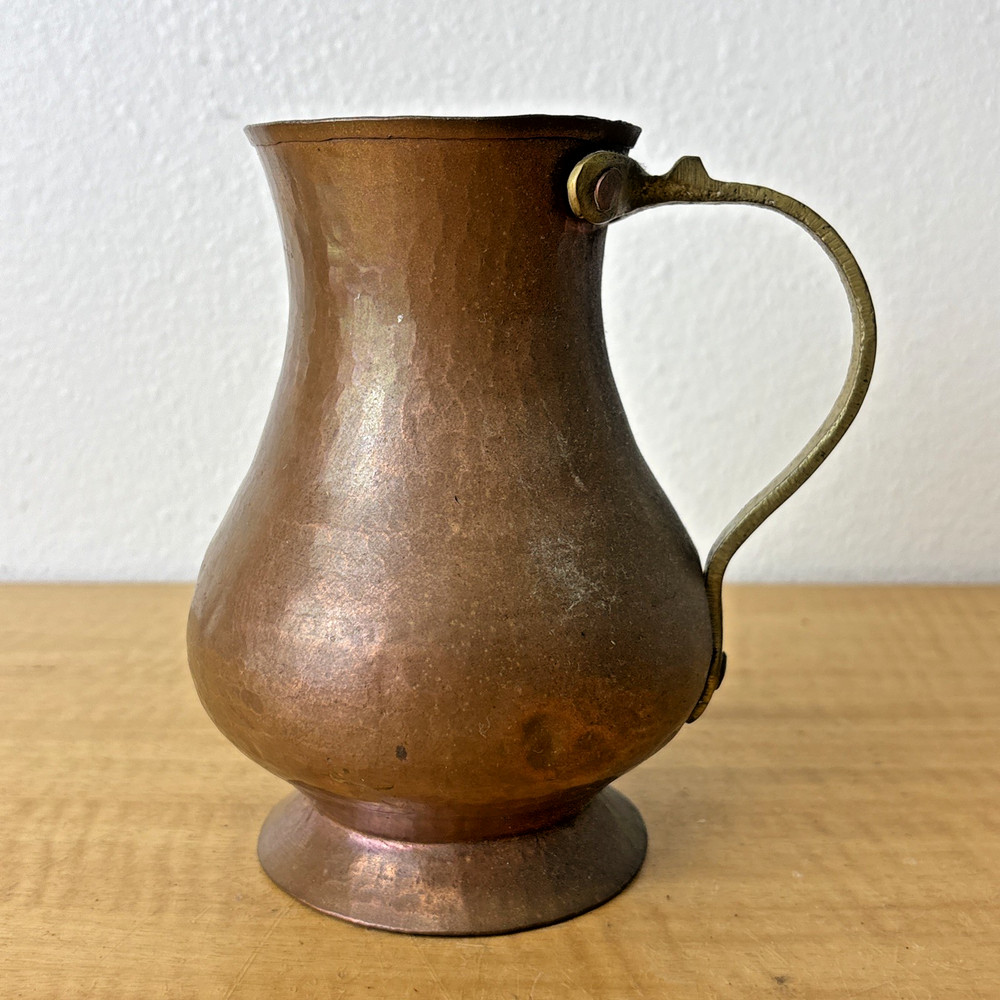 Vintage Brass Handcrafted Hammered Copper Drinking Pitcher Cottage Rustic