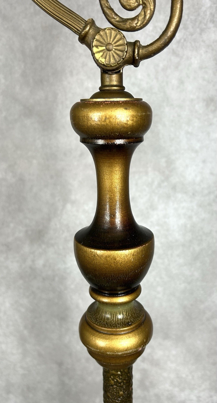 Antique Art Deco Floor Lamp Bridge Arm Unique Painted Wood Column Cast Iron 5 Ft