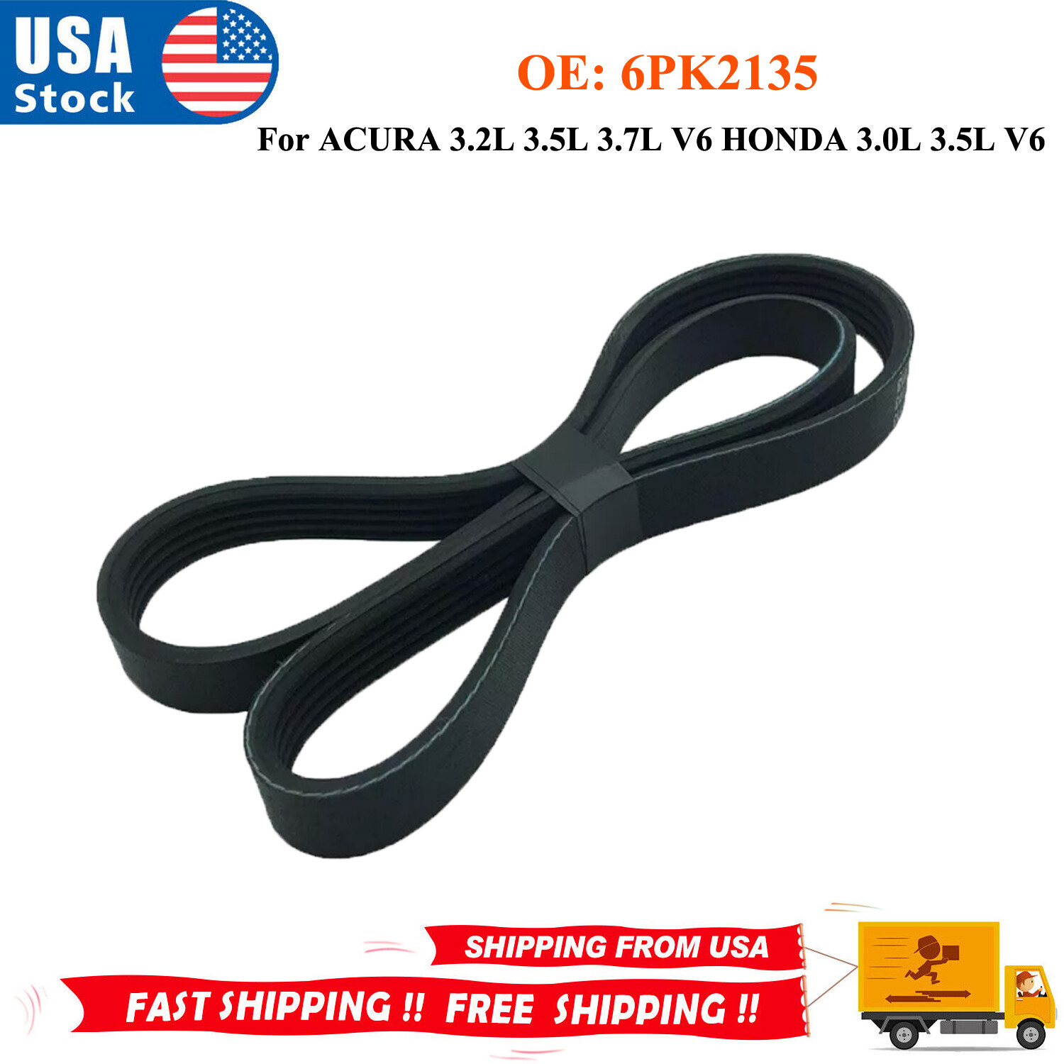 EPDM Serpentine Belt 6PK2135 For ACURA 3.2L 3.5L 3.7L V6 HONDA 3.0L 3.5L V6