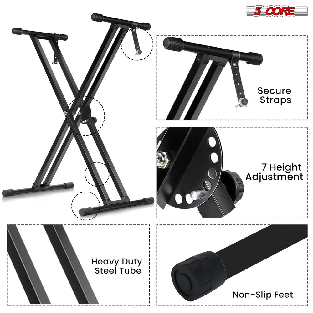 5Core Keyboard Stand Double XStyle Adjustable Piano Riser + Keyboard Piano Bench