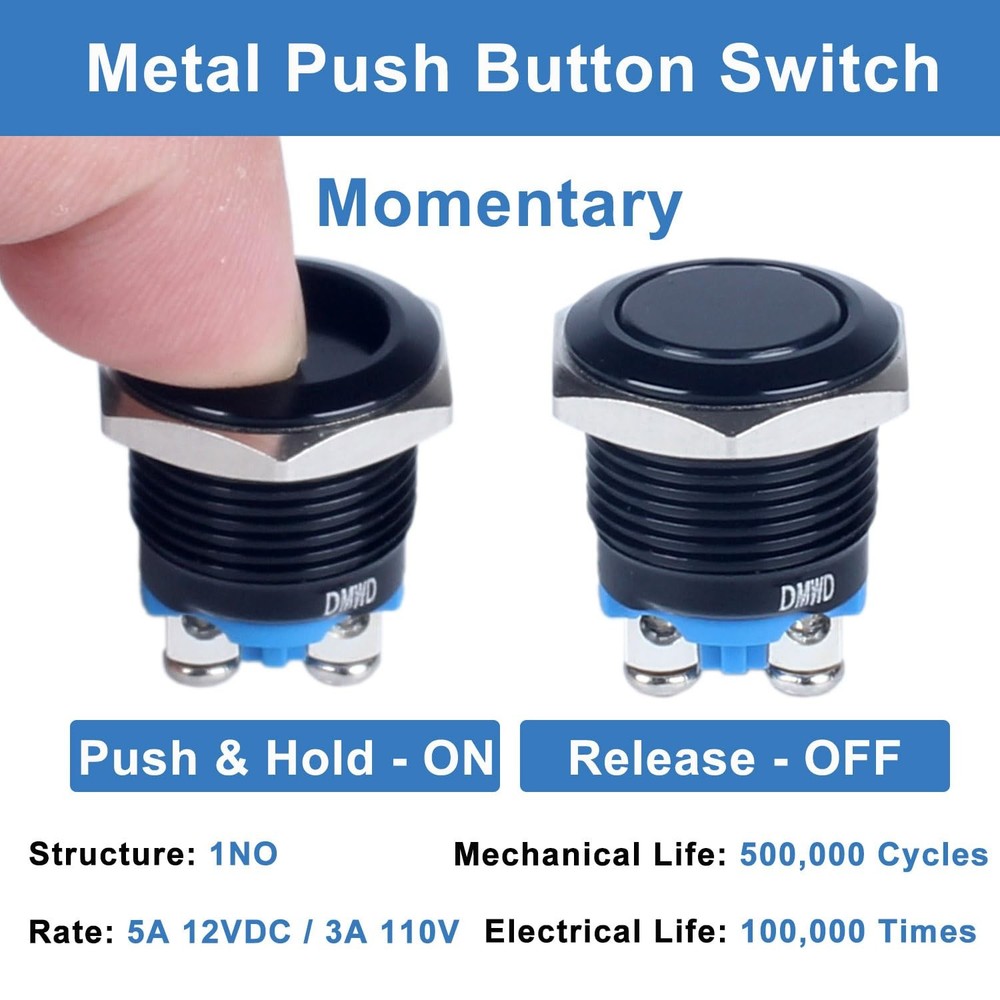 2-Pack 16mm Metal Momentary Push Button Switch Black Momentary Flat Head
