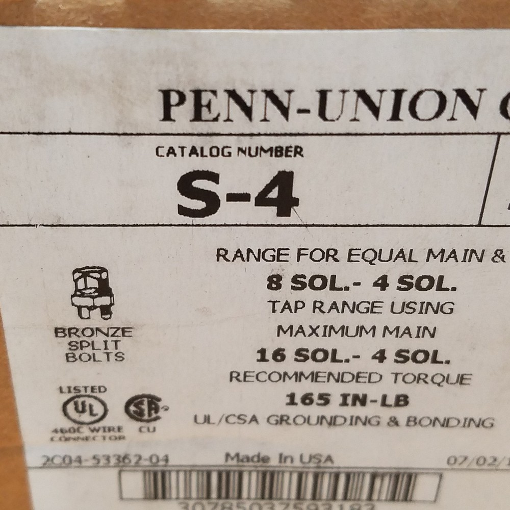Penn-Union S-4 Copper Split Bolt, 16-4 SOL - NEW