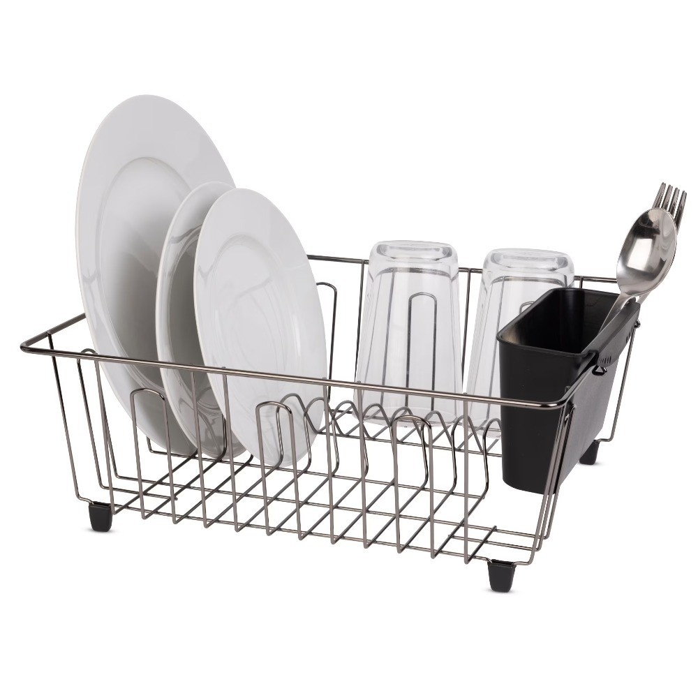 Compact Chrome and Black Dish Drying Rack, Small Kitchen Countertop Drainer for