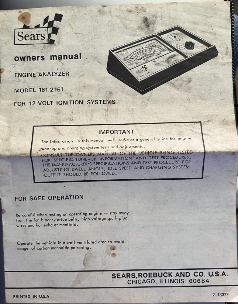 Vintage Sears Engine Analyzer 12 Volt Ignition Systems 28 2161 w/Manual Untested