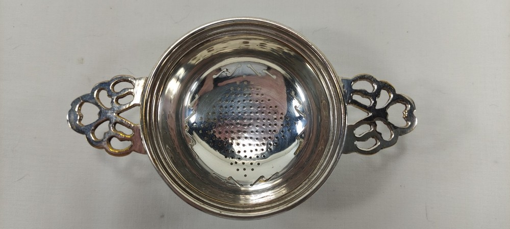 Vintage Silverplated Pierced Two-Handled Over Tea Service Cup Strainer Openwork