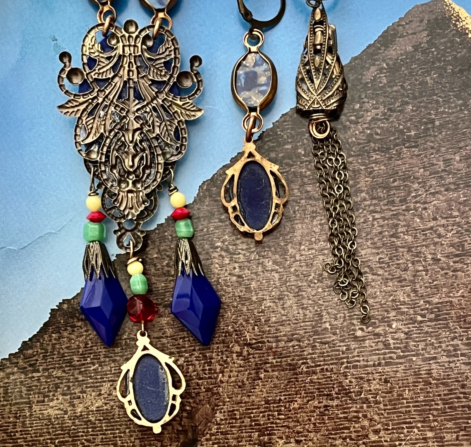 Deco Egyptian Revival Necklace Set, Neiger Style Pharaoh, Royal Blue, Red, Green