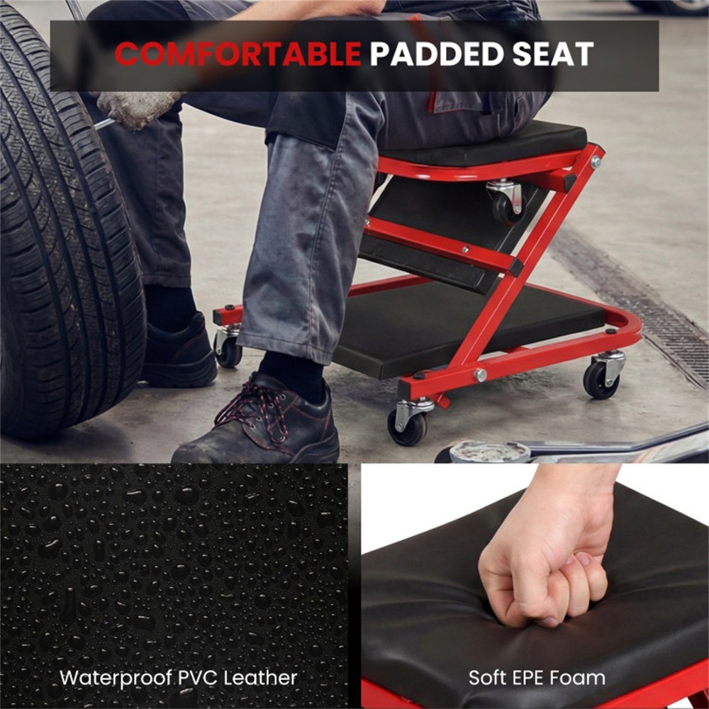 Foldable Mechanic Creeper Stool w/6 Wheels & Cushion - Garage Workspace