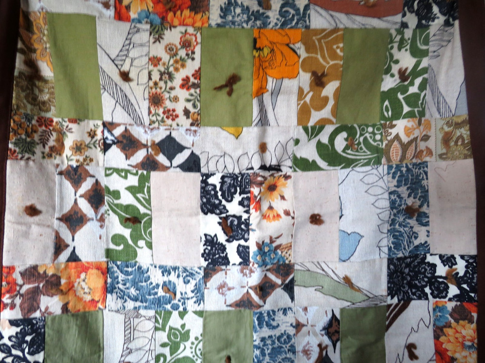 Vtg Quilted Tablecover Throw Handmade Machine Stitched Brown Multi-Print Boho