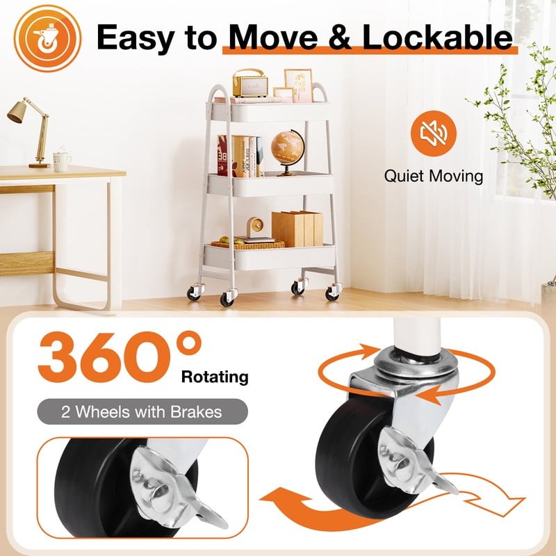 3 Tier Utility Rolling Cart, Mobile Storage Shelf with Lockable Caster Wheels