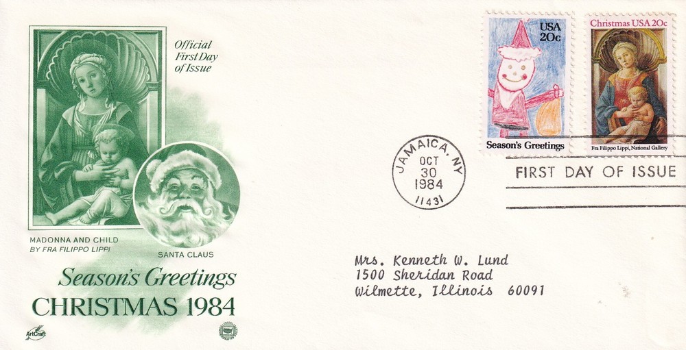 STAMP US SCOTT 2108 & 2107 "Santa Claus" 20 CENT 1984 FDC - B