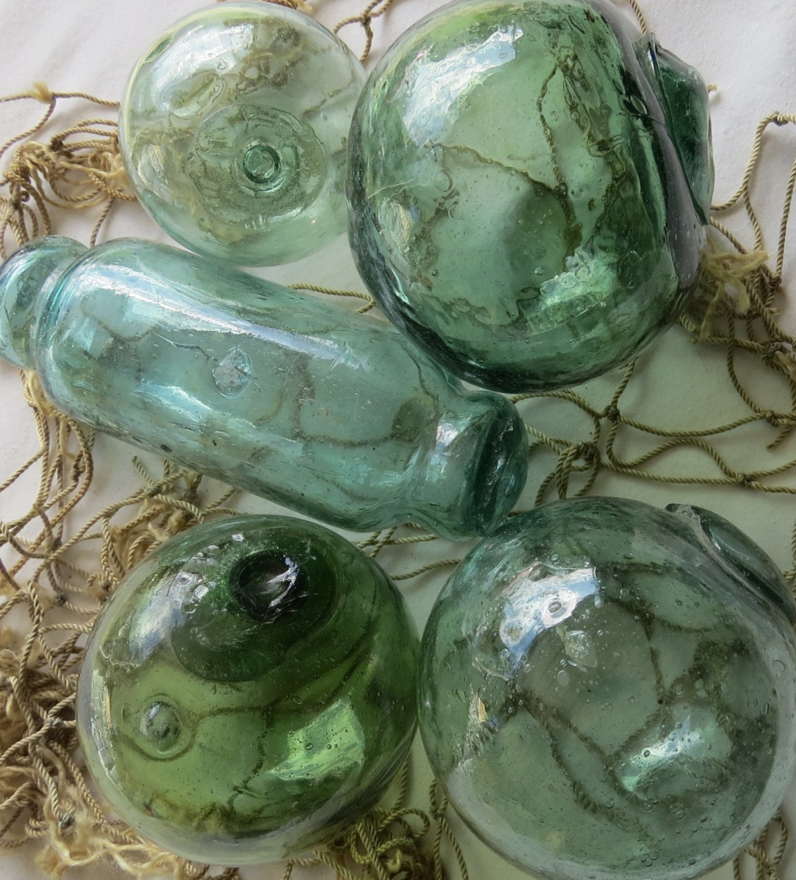 JAPANESE GLASS  Fishing FLOATS Mixed Shades & Sizes  (5) w/Inclusions Antiques!