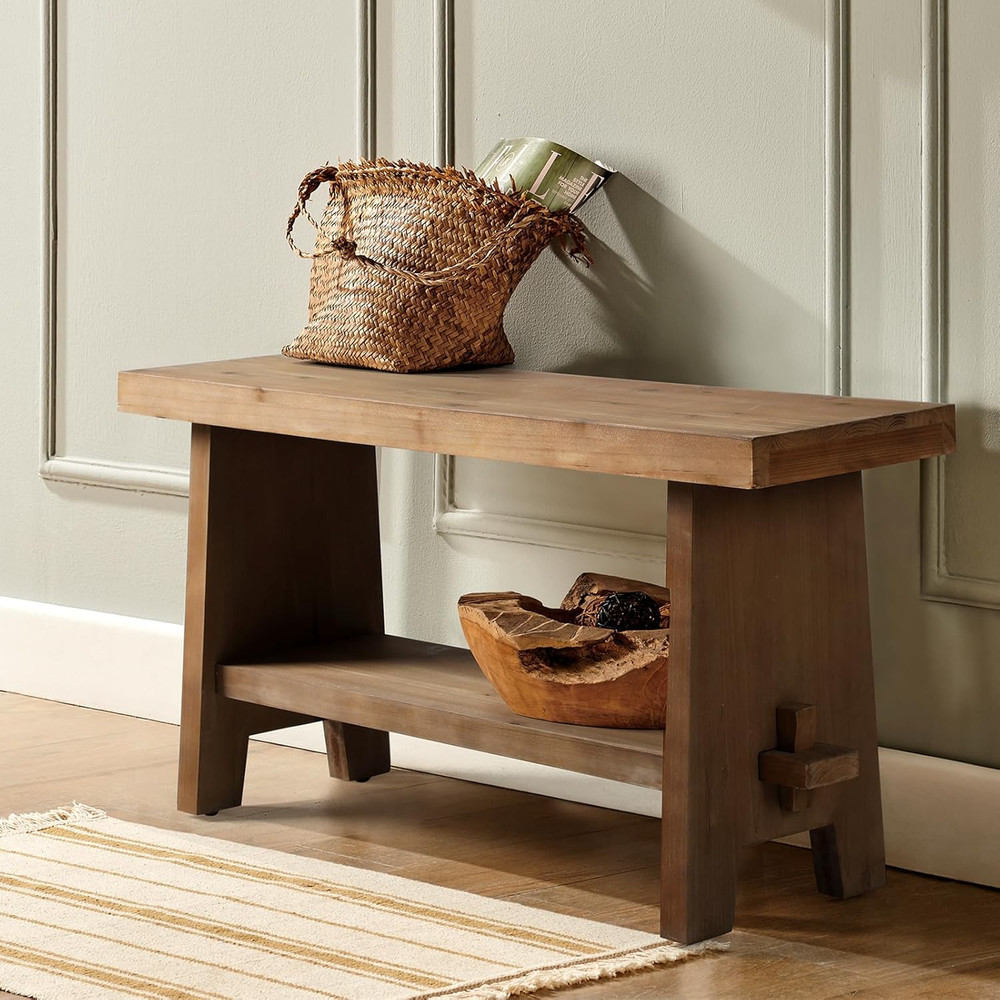 Solid Wood Entryway Bench - 31.5" Farmhouse Small Storage Bench, Rustic Narrow B