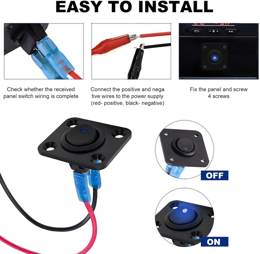 Toggle Switch Panel, DC 12V 20A Waterproof Blue LED Round Toggle 1 Gang