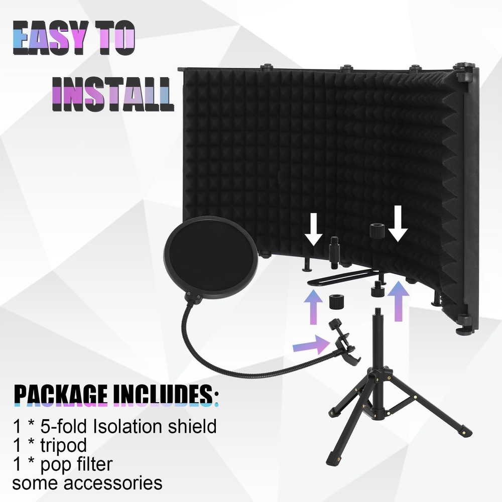 Microphone Isolation Shield, 5-Fold Adjustable Portable Reflection Filter wit...