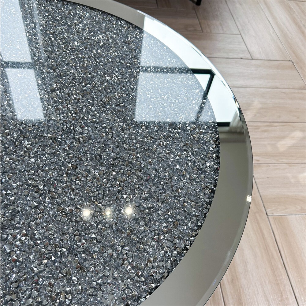 Mirrored Coffee Table Round Silver Accent Beveled Glass Edge Crystal Side Table
