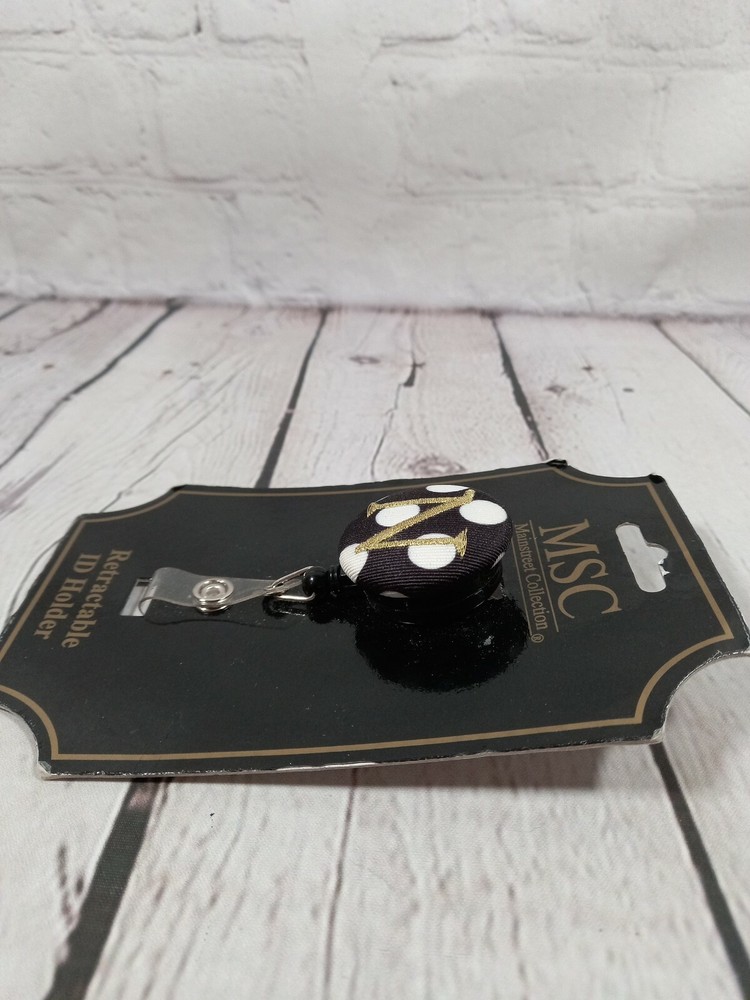 Polka Dot ID Badge Retractable Holder Personalized Initial "N" Black White Gold