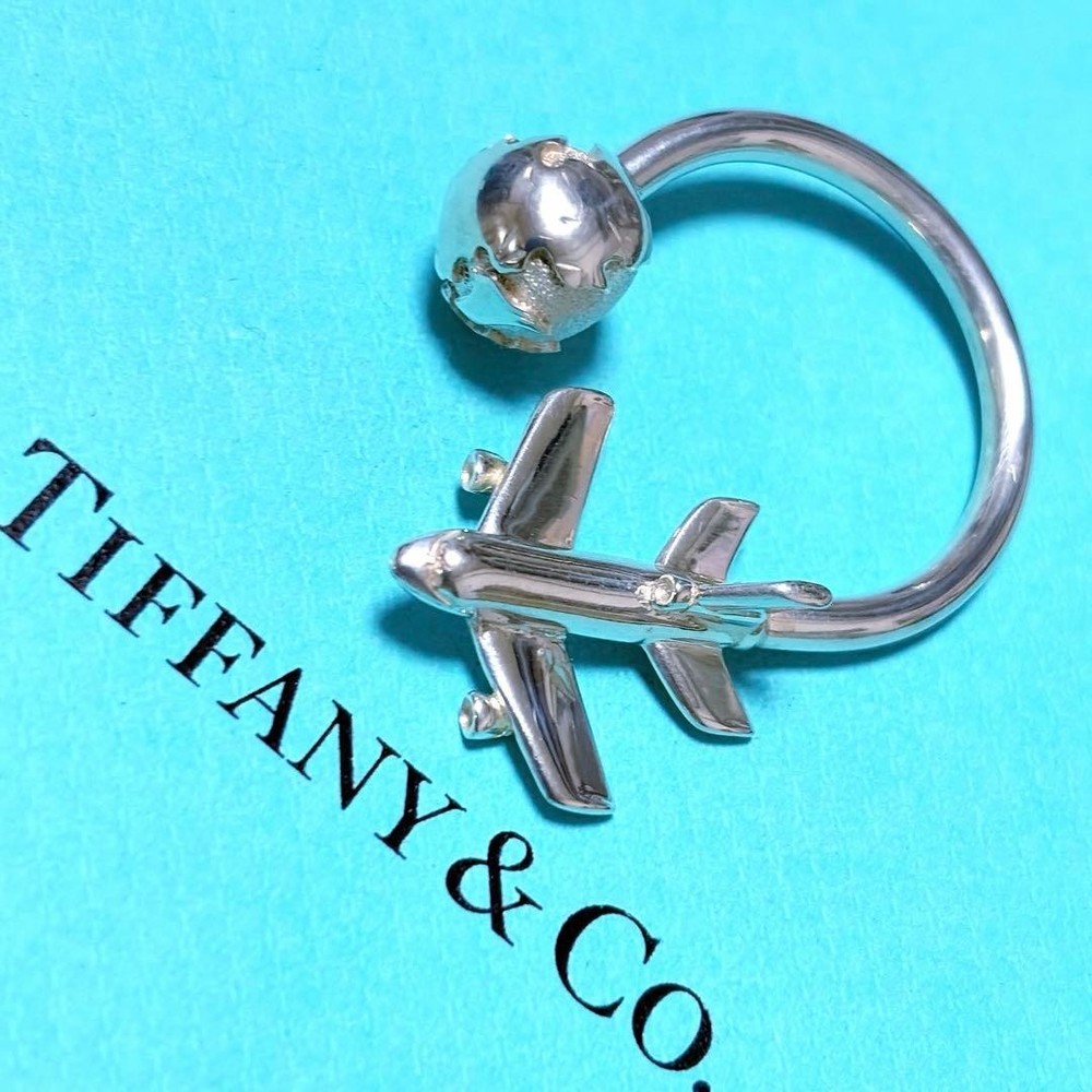 Tiffany & Co Sterling Silver Plane Globe Airplane Keychain Key Ring With Box