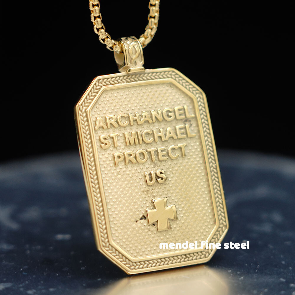 MENDEL Gold Mens St Saint Michael Archangel Medal Medallion Pendant Necklace Men