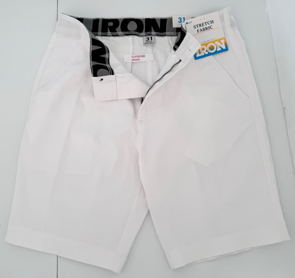 IRON CO Men's Stretch Shorts (SIZE 31) Flex Waist Flat Front SOLID WHITE New