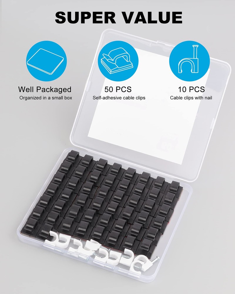 60 Pcs Adhesive Cable Clips Upgraded Wall Wire Clips For Cable Management Strong