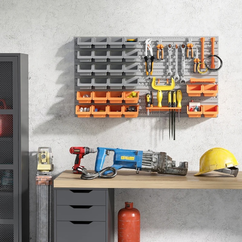 44PCS Pegboard Tool Organizer – Orange Garage Storage w/ Bins, Hooks & Pegboard