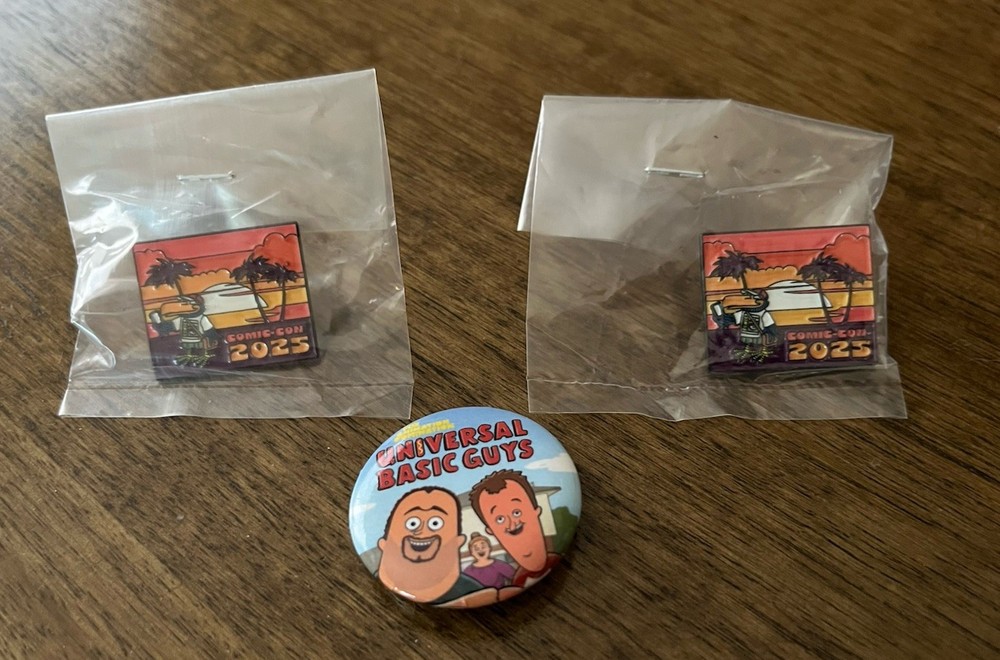 UNIVERSAL BASIC GUYS Button + SDCC 2025 Comic Con x2 Pin Lot