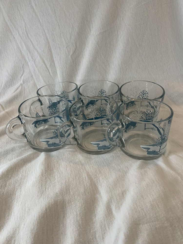Vintage Anchor Hocking Cups Set Of Six Winter Scene Stackable