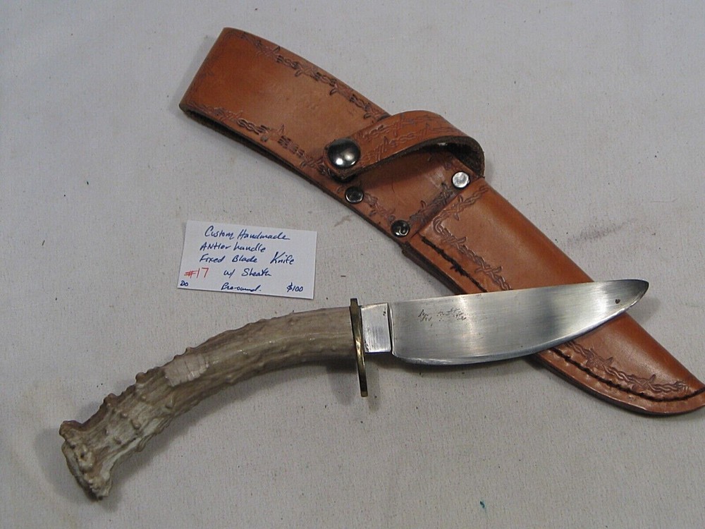 Custom Handmade Antler Handle Fixed Blade Knife w/ Sheath.  #17