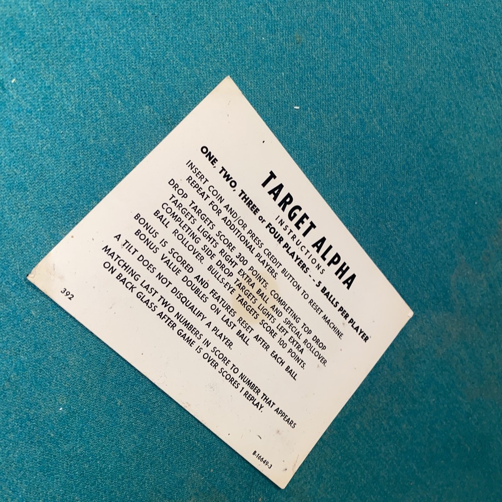 Gottlieb target alpha instruction card￼