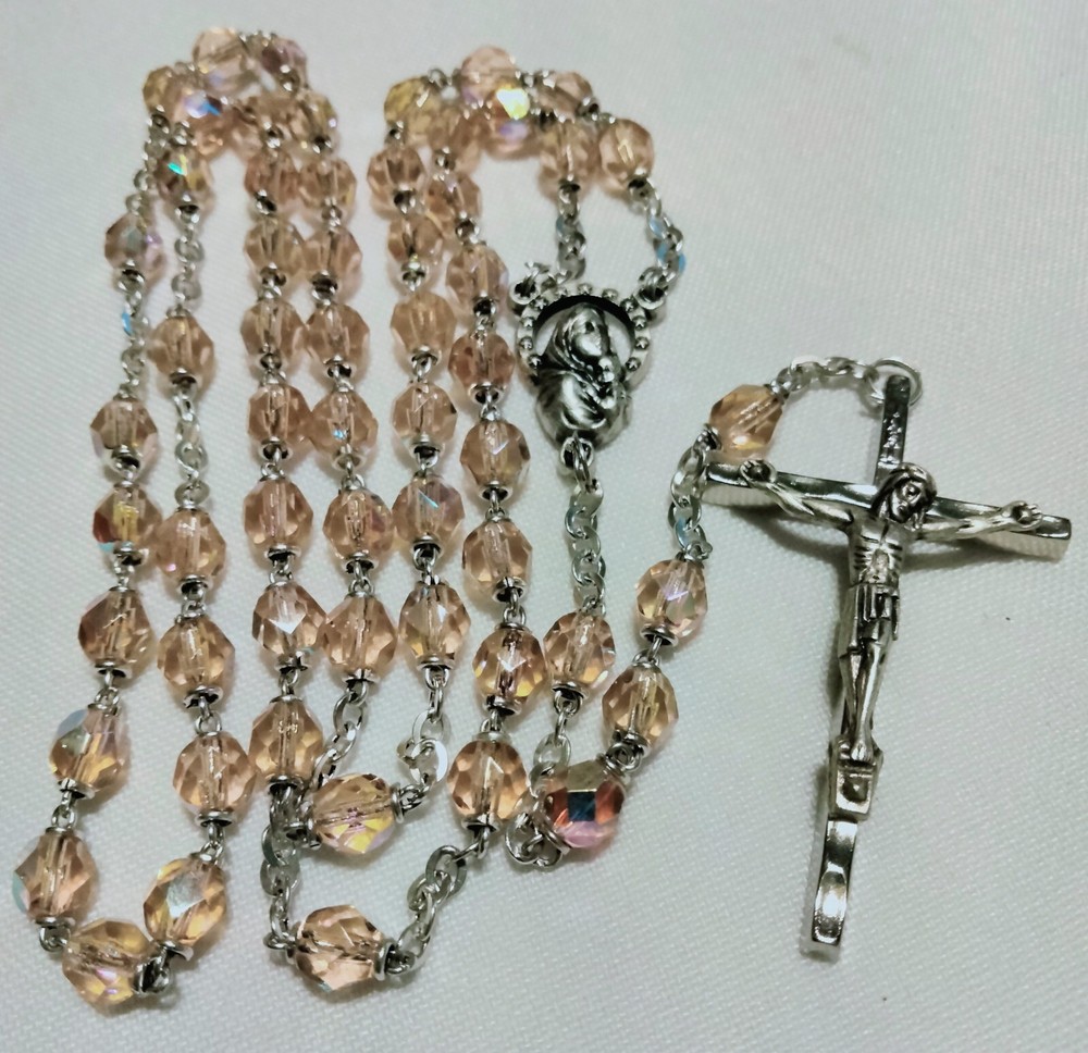 🍑 Antique 🍑 Peach Rosary Aurora Borealis Crystal Beads STUNNING