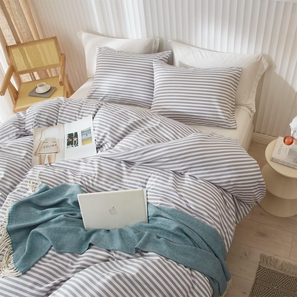 mixinni Striped Comforter Set Full Size - Grey White Stripes Pattern Bedding Set