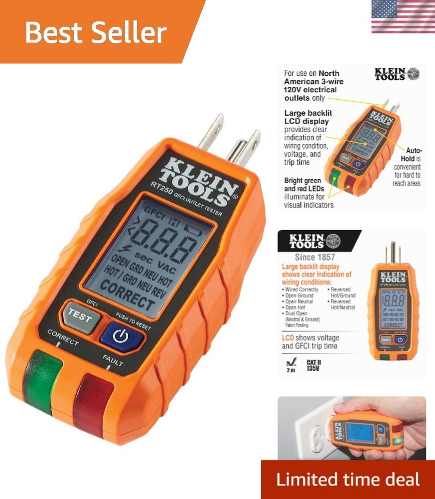 LCD GFCI Outlet Tester with Trip Time Display - Reliable Electrical Testing Tool