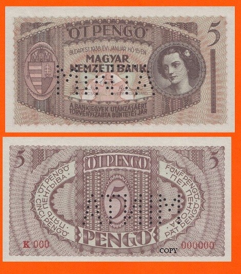 HUNGARY 5 PENGO 1938 *  Copy