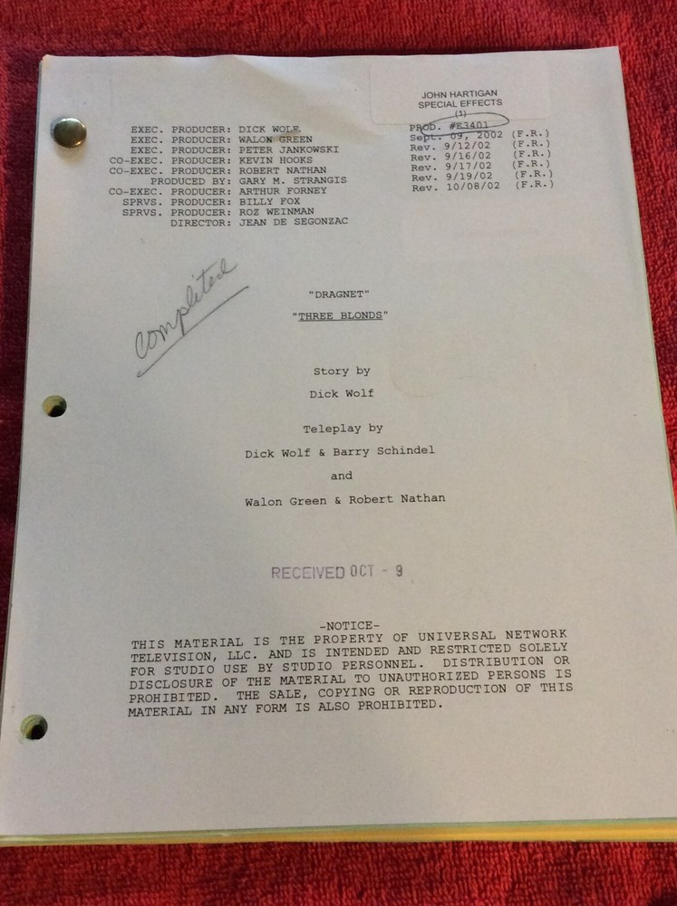 ORIGINAL SCRIPT DRAGNET THREE BLONDS ED O'NEILL EVA LONGORIA ETHAN EMBRY