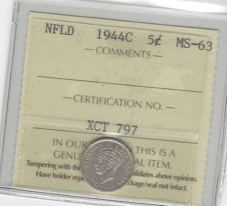 1944c  ICCS Graded Newfoundland Five Cent **MS-63**