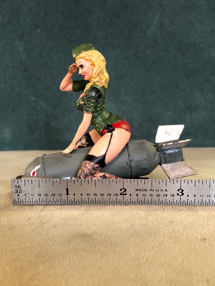 Painted WWII Pin Up On Bomb, Solid Fine Pewter
