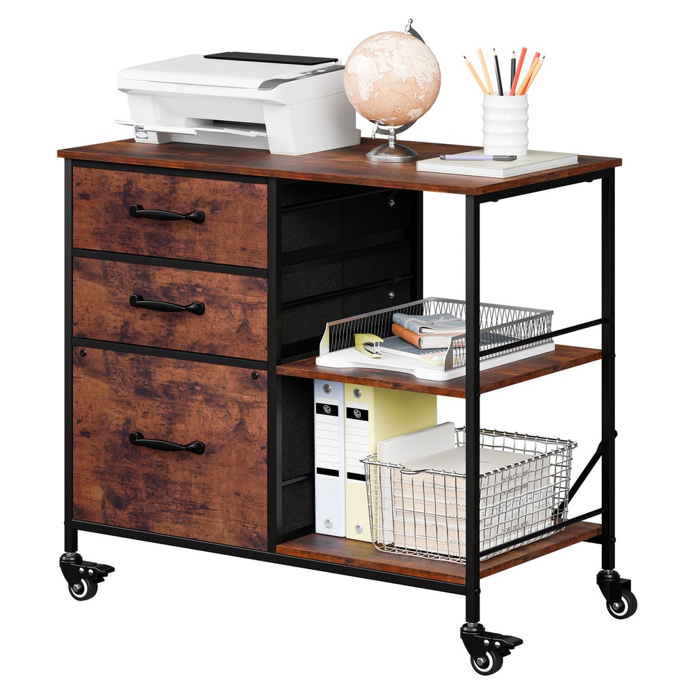 Mobile File Cabinet w/ 3 Drawers & Open Shelf Rolling Printer Stand Rustic Brown