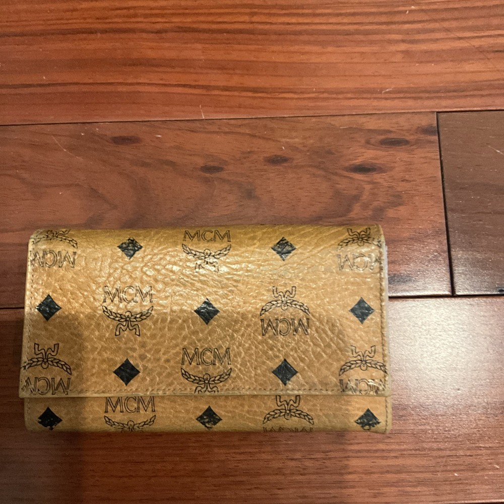 Authentic MCM Large Tri Fold Wallet in Visetos Original Cognac