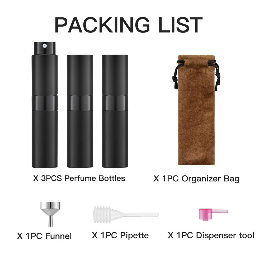 3 PACK 8ML Atomizer Perfume Spray Bottle for Travel - Empty Cologne Dispenser