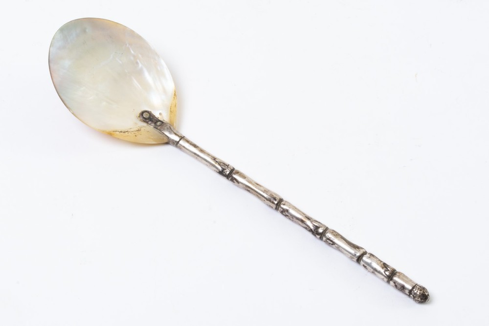Antique Silver Plated Bamboo Handle Spoon with Shell Scoop 7.5" Long