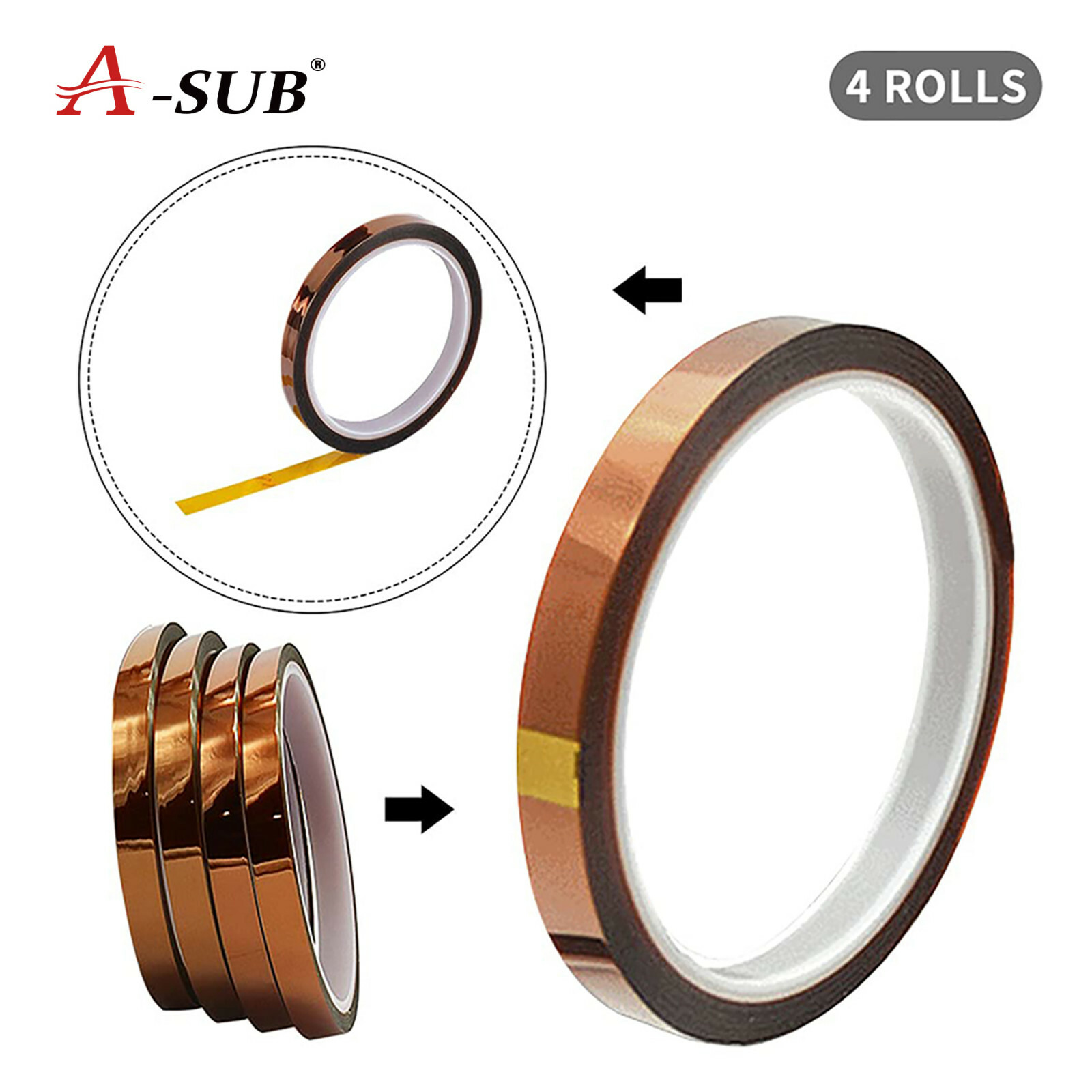 4 Rolls A-SUB Kapton Polyimide High Temperature Heat Resistant Tape 2/5" x 108ft