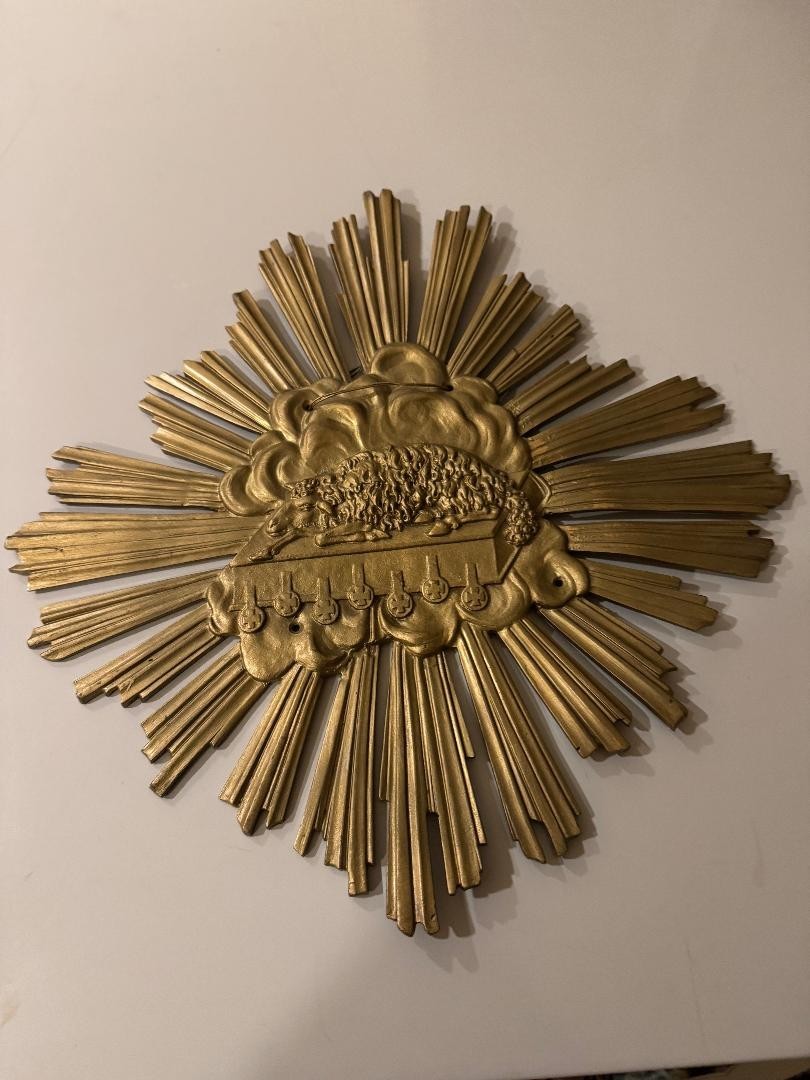 Gold Tone Iron Sunburst With Lamb /religious wall ornament