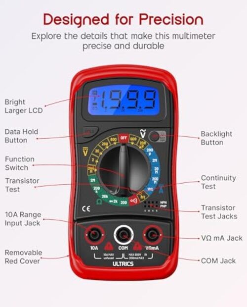 Digital Multimeter, Voltmeter Ammeter Ohmmeter with Test Leads Backlight LCD