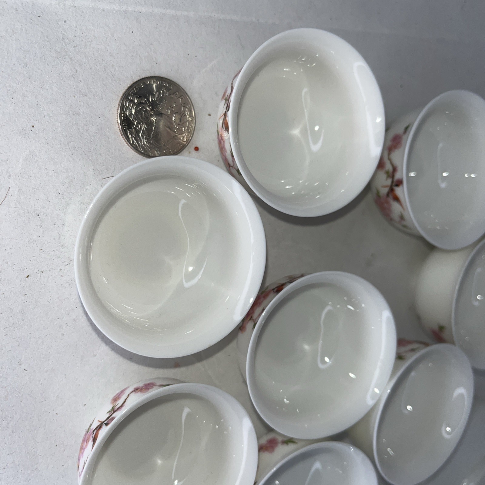 Vintage Asian Traditional Mini Bone China Tea Set White Pink Cherry Stem Bird